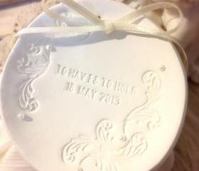 CUSTOM - Garden of Love Round Wedding Ring Bowl with Lace & Pearl Embellishments Bridal Ring Holder Dish handmade