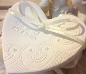 CUSTOM- Lace Romance Heartshape Wedding Ring Bearer Bowl with Pearls, Custom Ring Holder Dish handmade with Pearl , Ring Pillow alternative