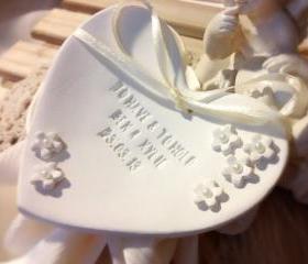 CUSTOM- Petite Fleur Heartshape Wedding Ring Bearer Bowl with Pearls, Custom Ring Holder Dish handmade with Pearl Embellishments